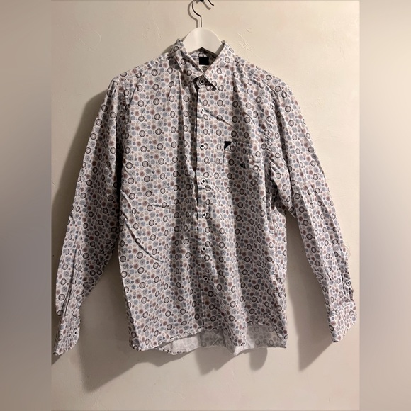 Dario Beltran shirt size L 42 16 1/2 embroidery Logo multi color print design - Picture 1 of 7